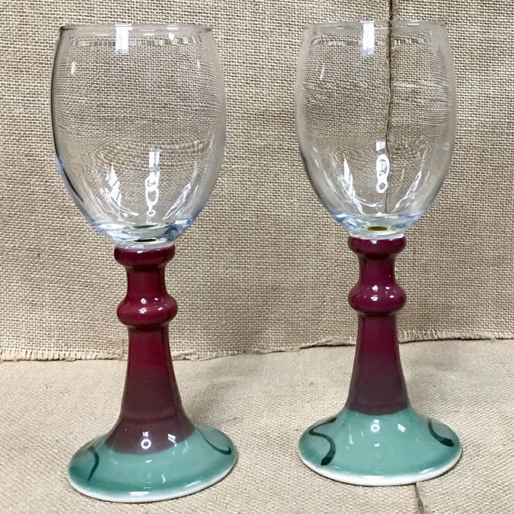 Wine Glass Set w Art Pottery Stem Gothic Goth Goblin Core Boho Unique Eclectic - Picture 2 of 8